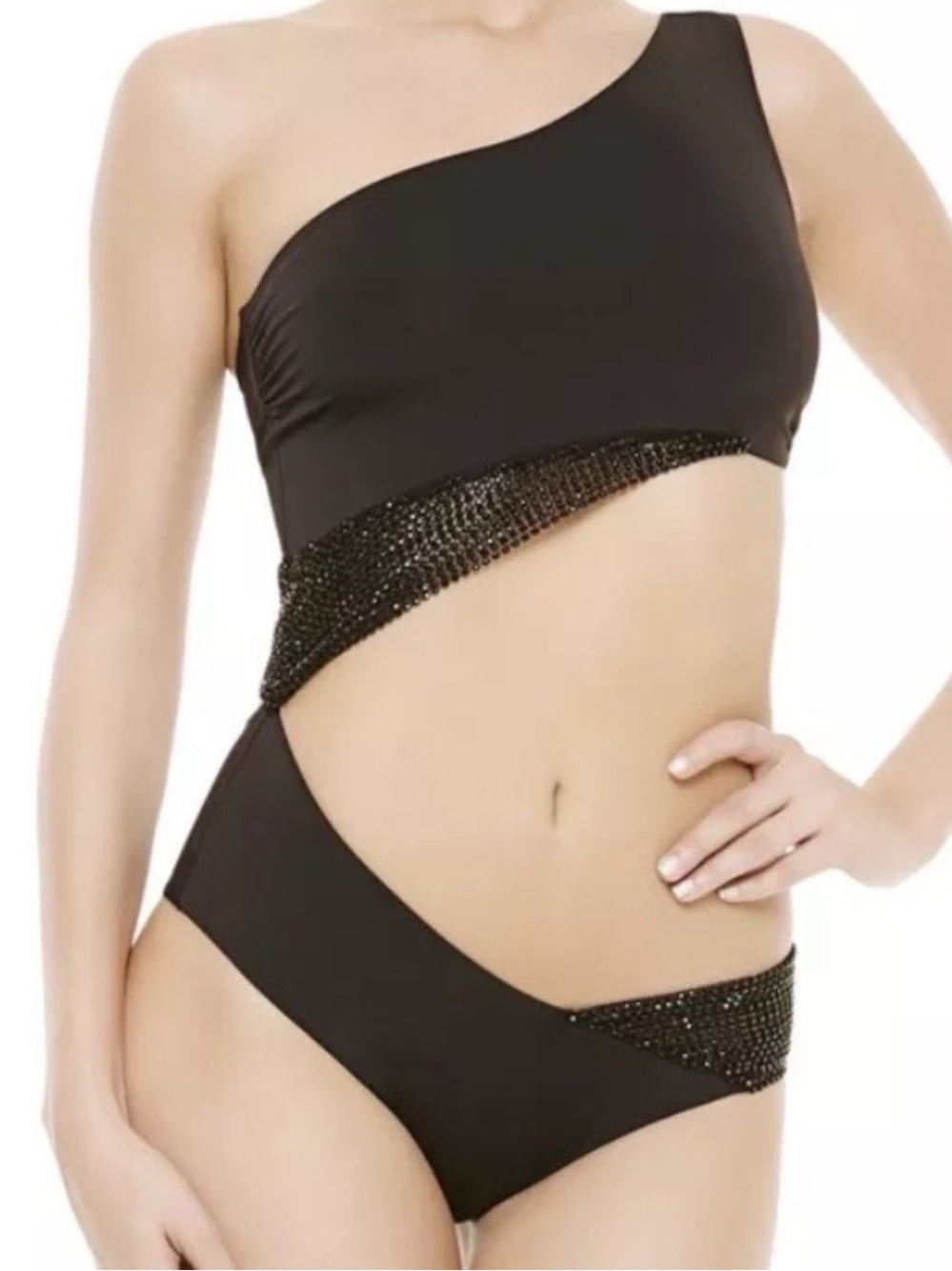 La Perla GlimmeringSoutache Black One-Shoulder Beaded Swimsuit 10